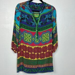 Hale Bob Silk Colorful Relaxed Fit 3/4 Sleeve Tunic Top Size L